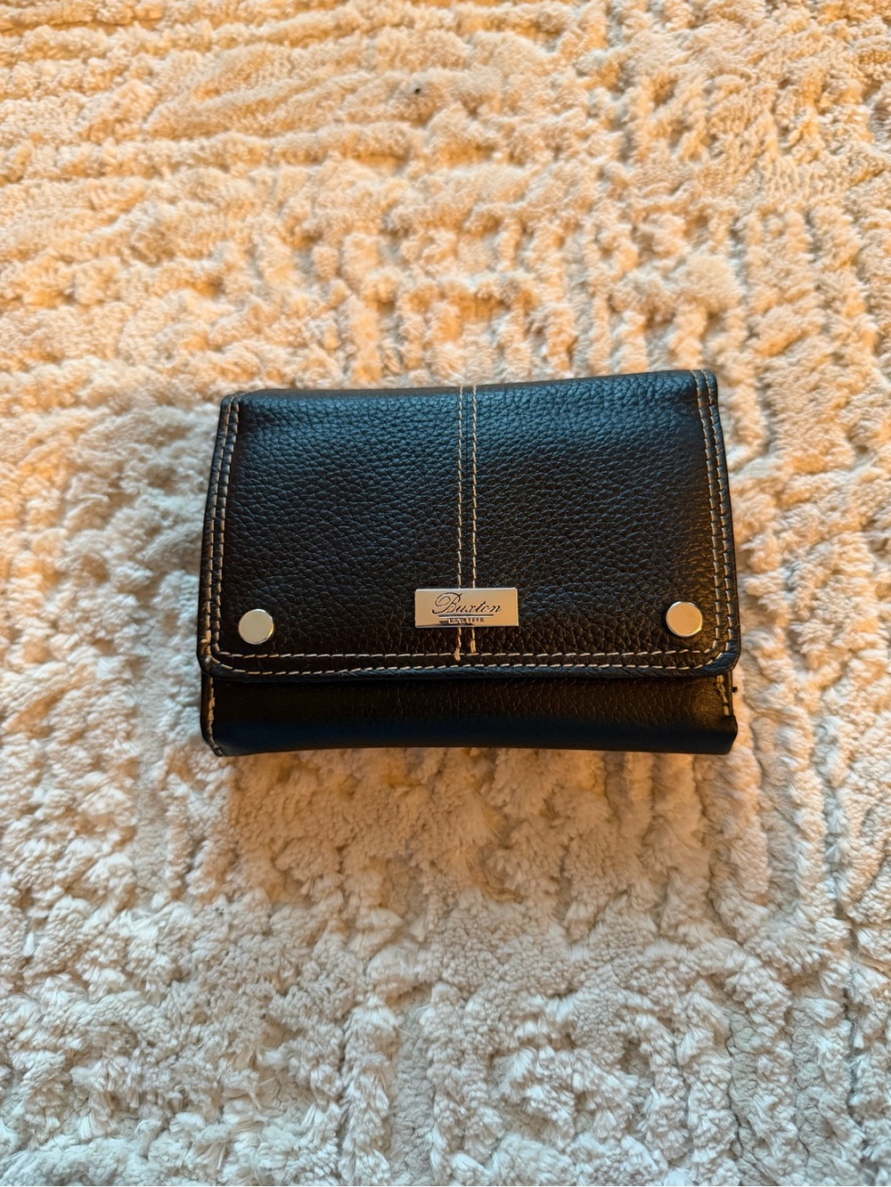 Black Pebbled Leather Buxton Wallet with White Stitching